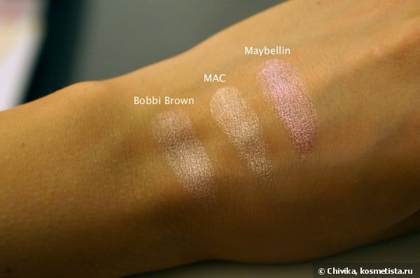 Сравнение кремовых теней Bobbi Brown Long-wear Cream Shadow Beach Honey, Mac Paint Pot Bare Study и Maybelline Pink Gold