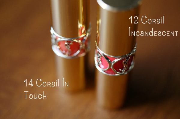 YSL Rouge Volupte Shine Lipstick #12 Corail Incandescent, #14 Corail In Touch