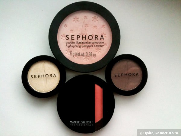 Скульптурирование. Моя находка. Тени Sephora Cashmere coat №50 и Sephora Movie popcorn №72, хайлайтер Sephora highlighting compact powder pink и румяна Make Up For Ever Sculpting blush оттенок 10