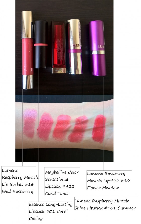 Коралловые помады: Lumene, Maybelline, Essence