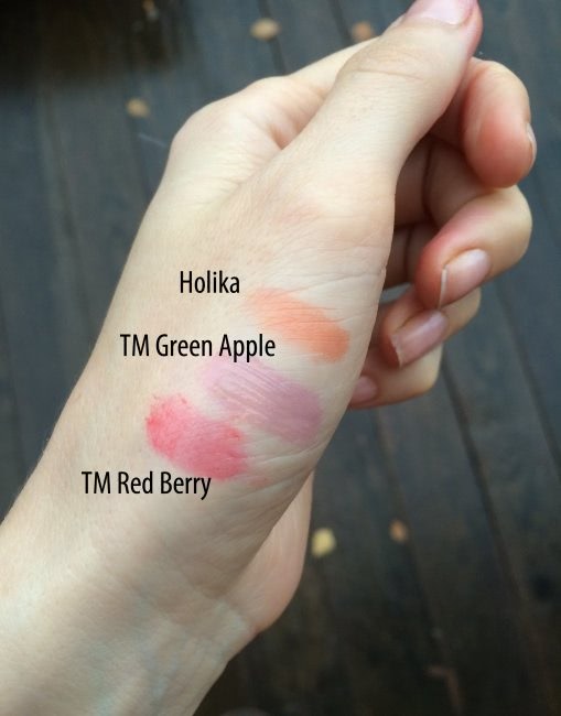 Tony Moly Delight Magic Lip Tint Green Apple и Red Berry, Holika Holika Holy Berry Tint Морошка