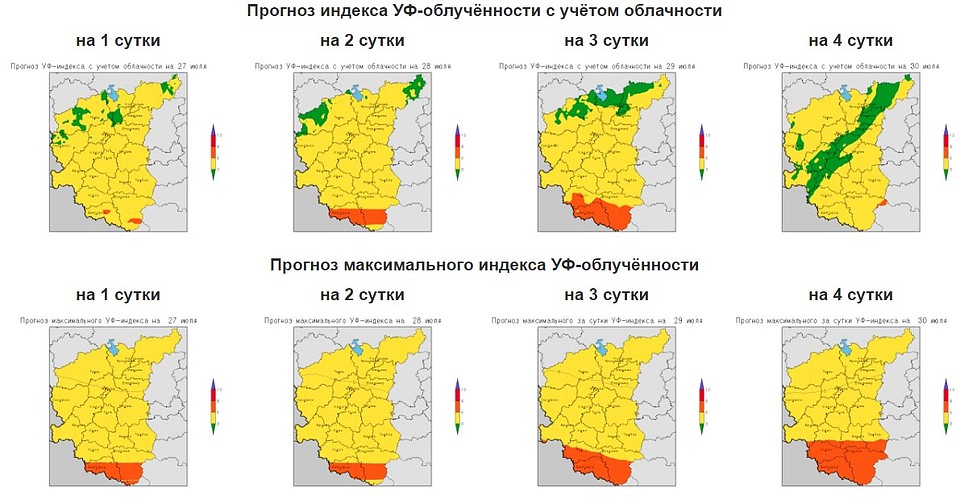 Прогноз индекса УФ-облучённости в ЦФО с учётом облачности. Фото: meteoinfo.ru/uvi 