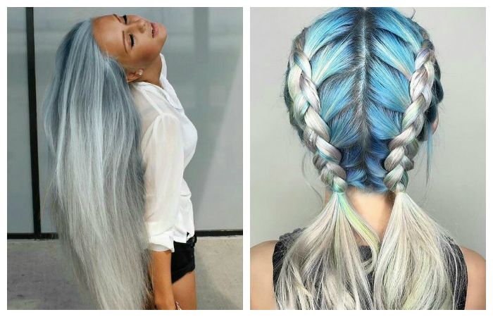 Модное окрашивание светлых длинных волос с серебристо-серые и голубые оттенки, фото